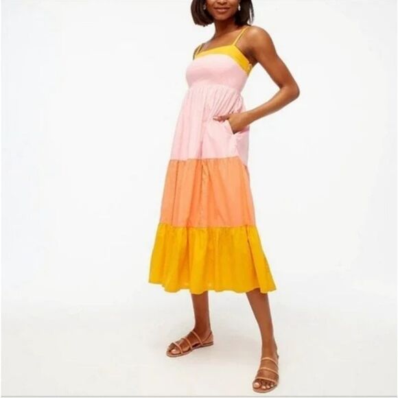 J. Crew Tiered Midi/Maxi Dress in Color Block Pink & Orange Size 2 - Picture 1 of 14